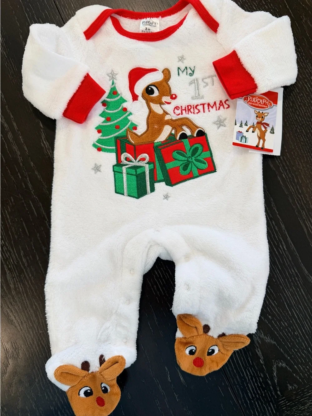 My 1st Christmas Rudolph Pajama Set - White & Red Holiday Sleepwear with Plush